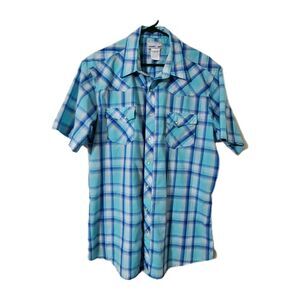 Wrangler Wrancher Mens Sz XLT Western Shirt Short Sleeve Pearl Snaps Blue Plaid